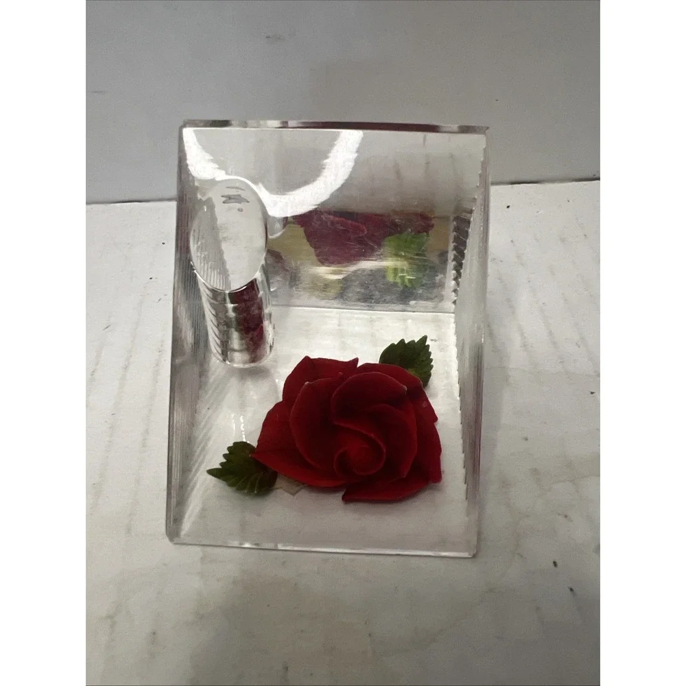 Vtg Bircraft Lucite & carved Red Rose PEN HOLDER 1950s